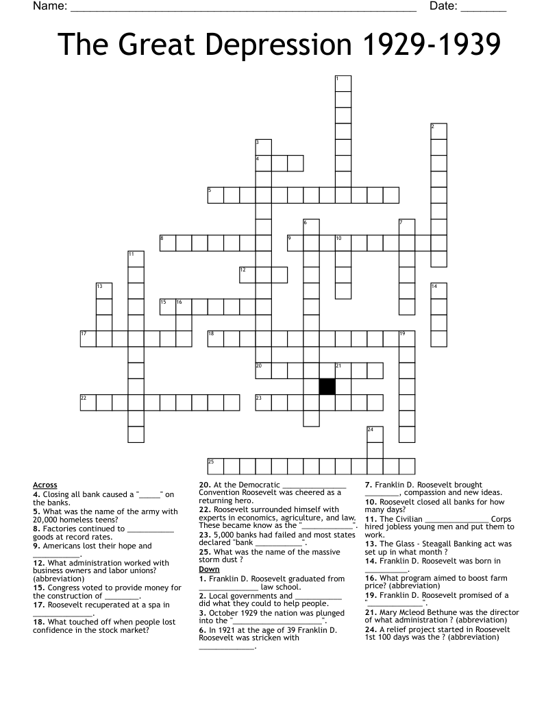 The Great Depression 1929-1939 Crossword
