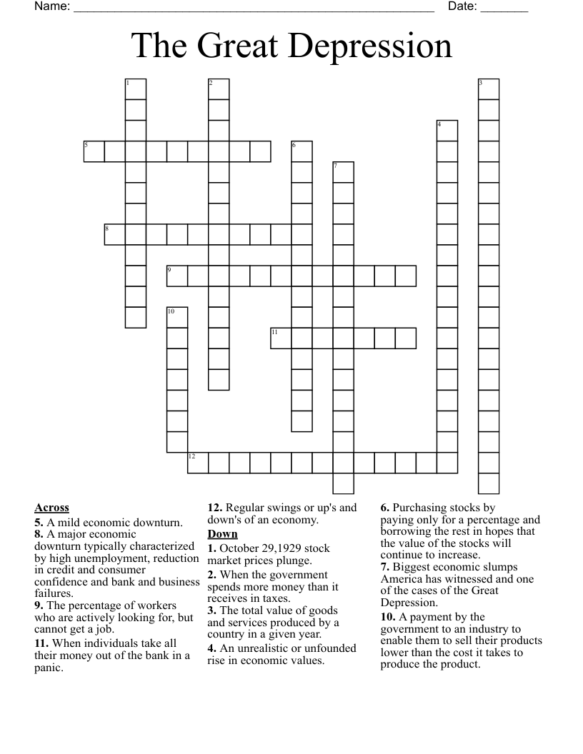 The Great Depression Crossword