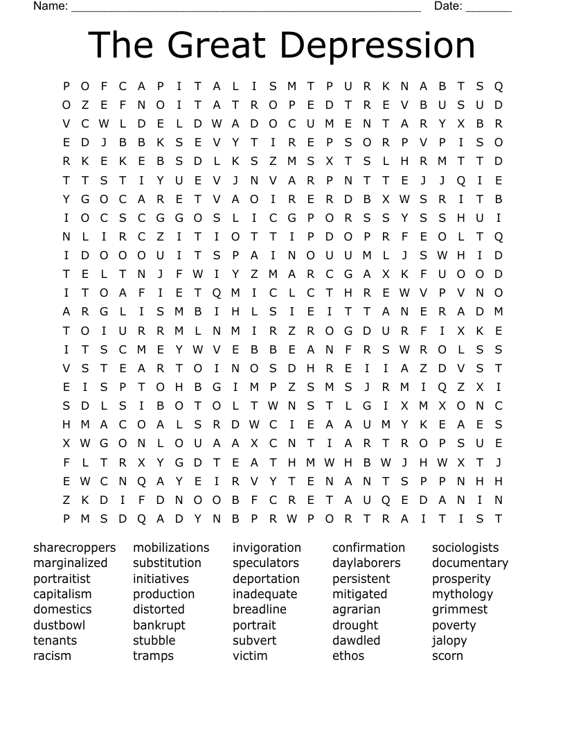 The Great Depression Word Search