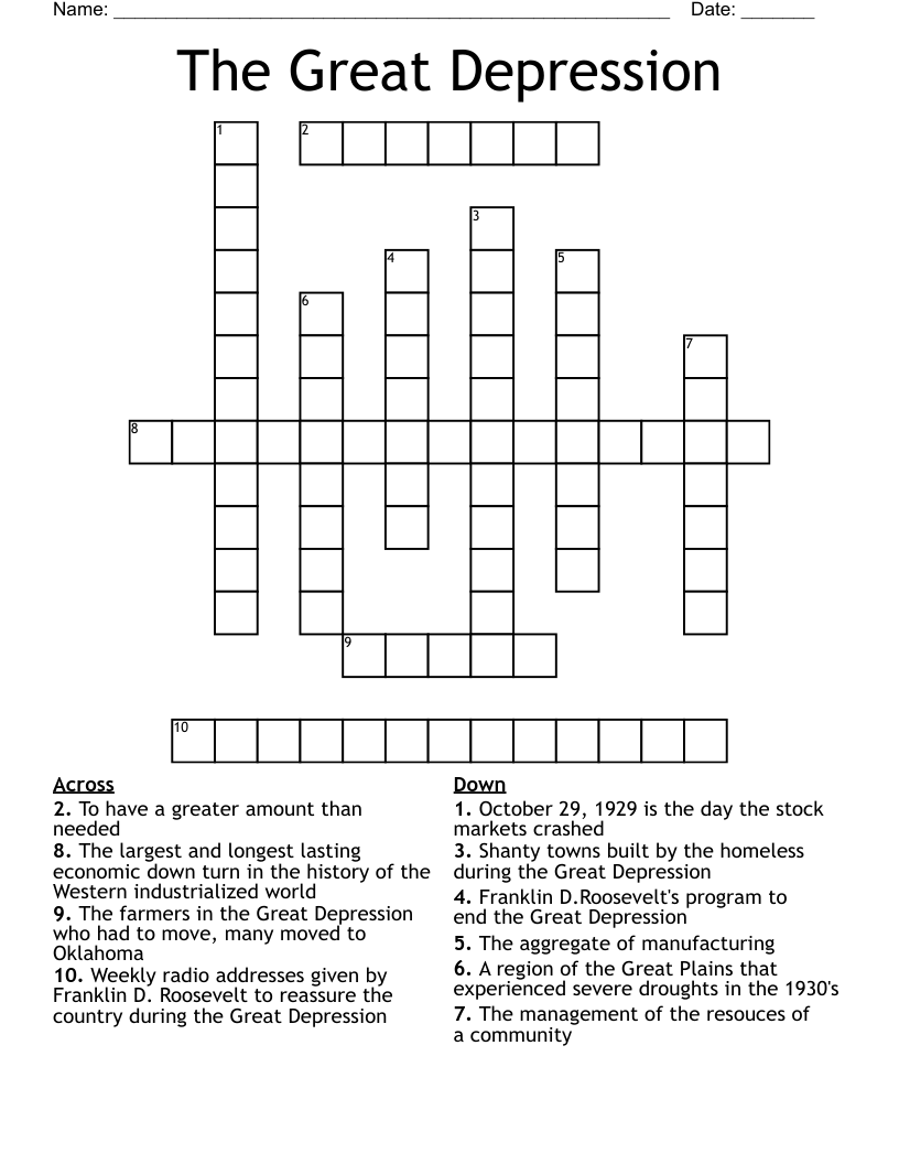 The Great Depression Crossword