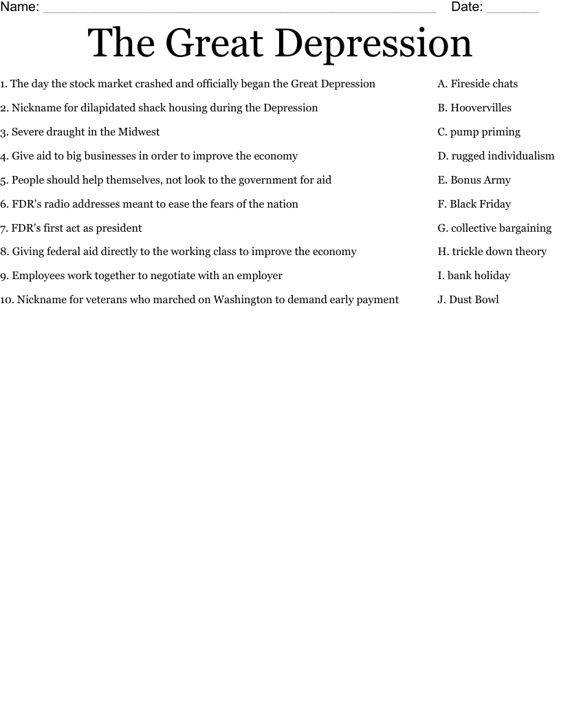The Great Depression Worksheet