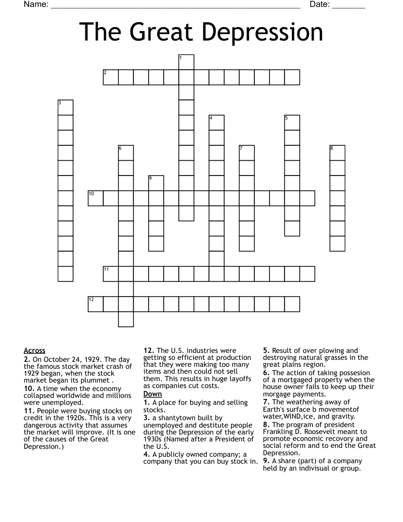 The Great Depression Crossword