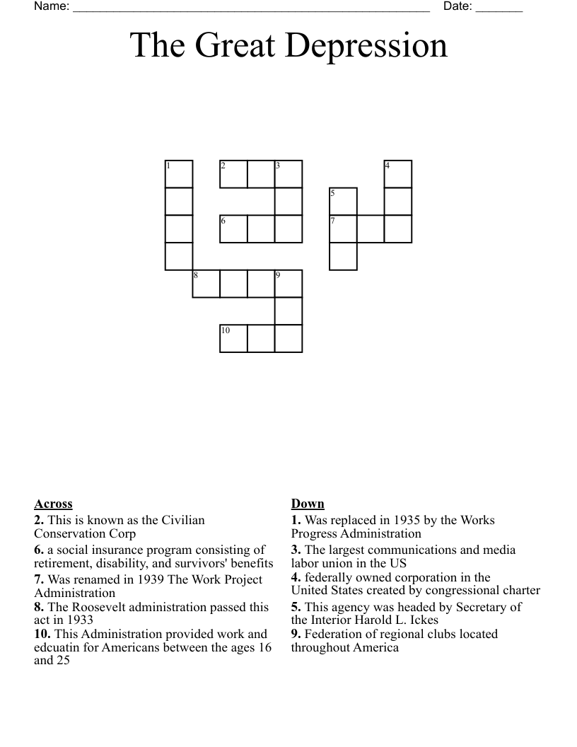 The Great Depression Crossword