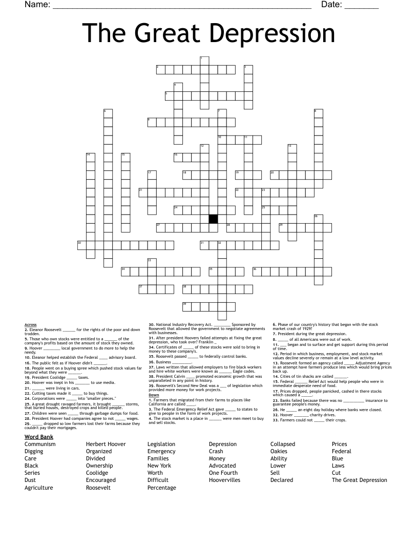 The Great Depression Crossword