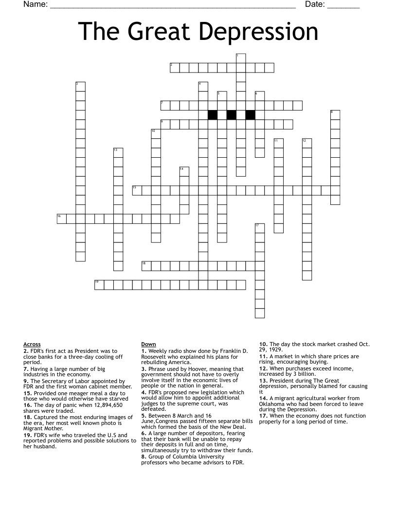 The Great Depression Crossword