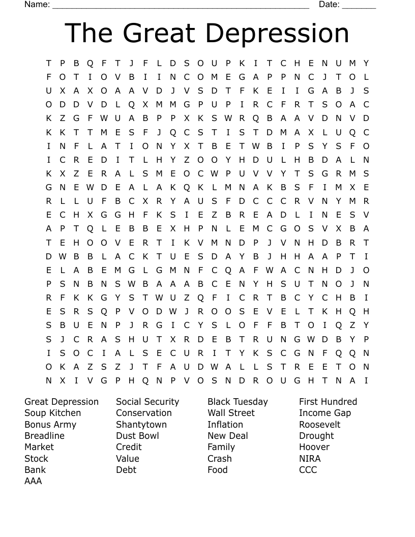 The Great Depression Word Search