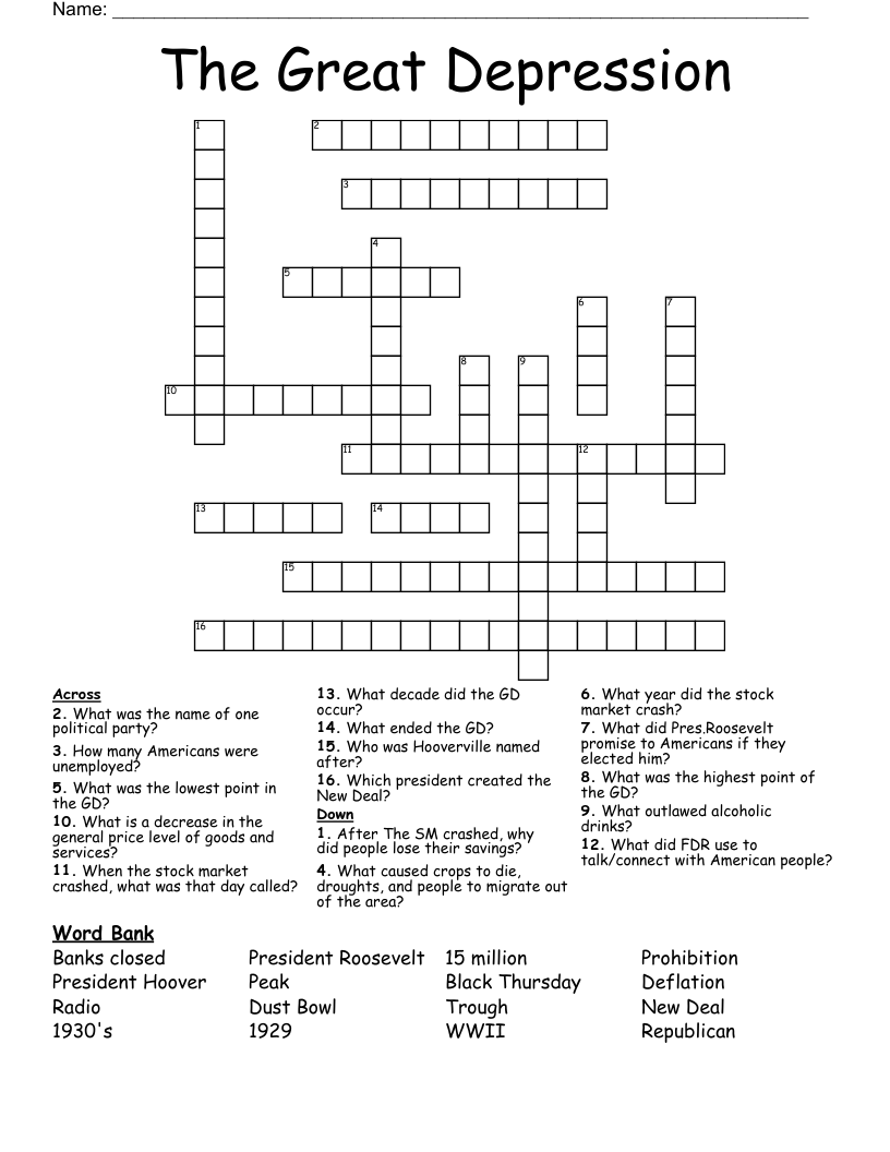 The Great Depression Crossword
