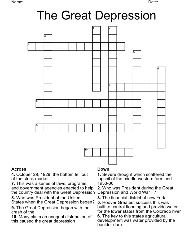 The Great Depression Crossword