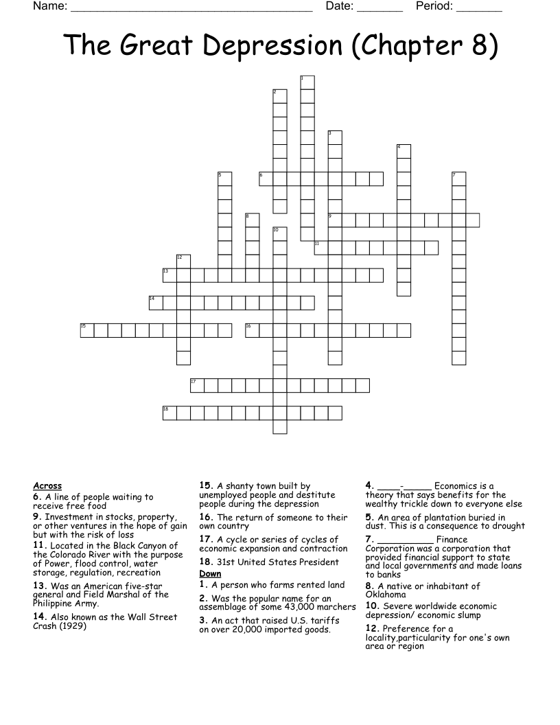 The Great Depression (Chapter 8)  Crossword