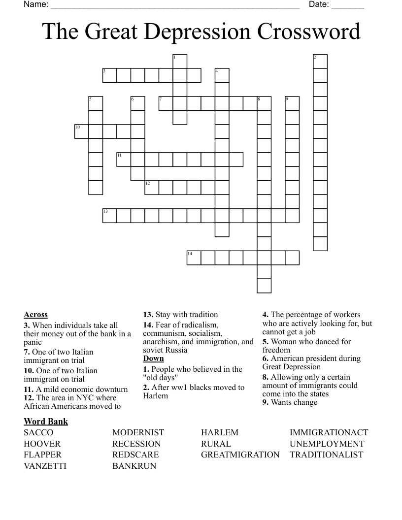 The Great Depression Crossword