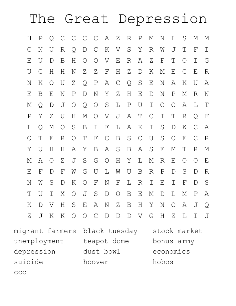 The Great Depression  Word Search