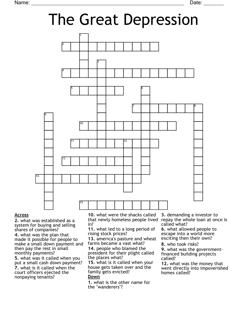The Great Depression  Crossword