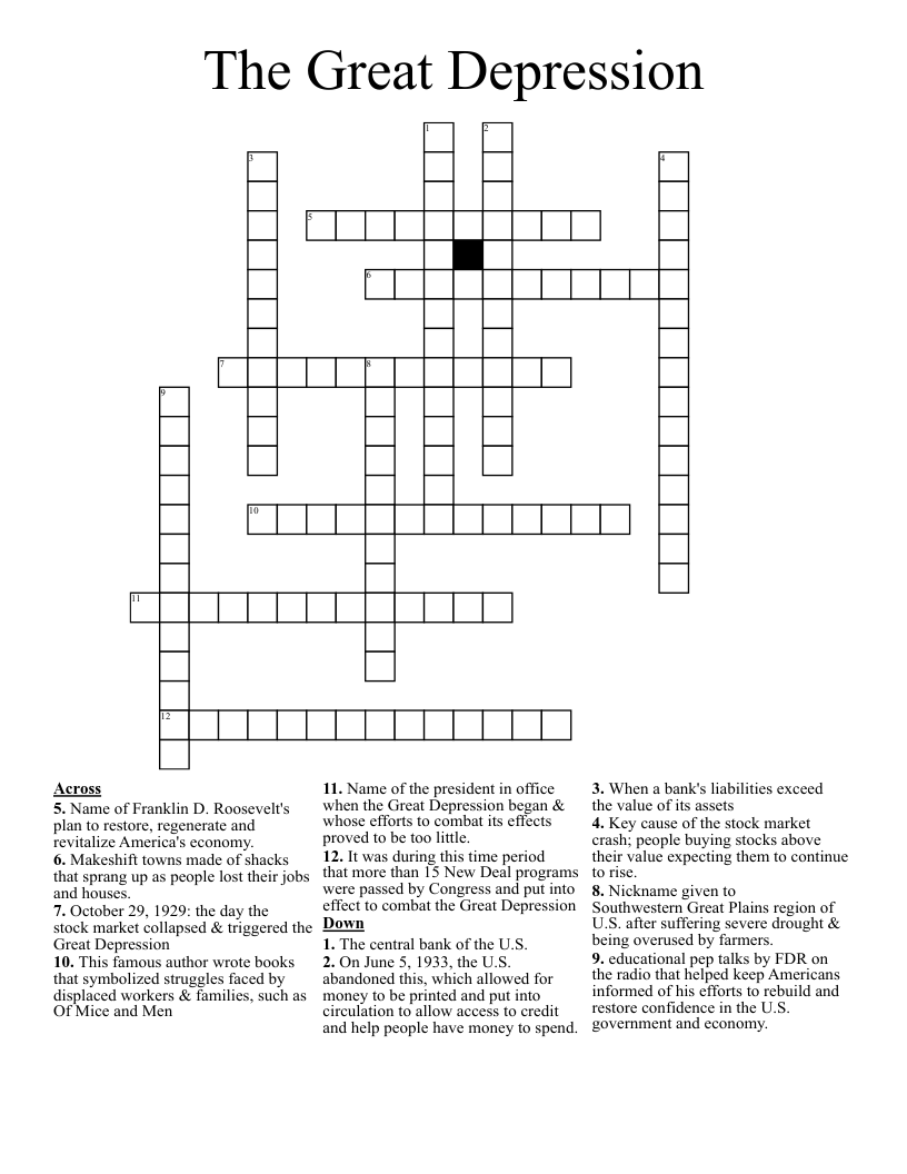 The Great Depression  Crossword