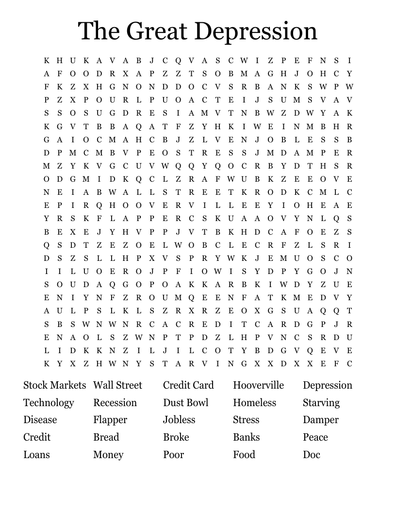 The Great Depression  Word Search