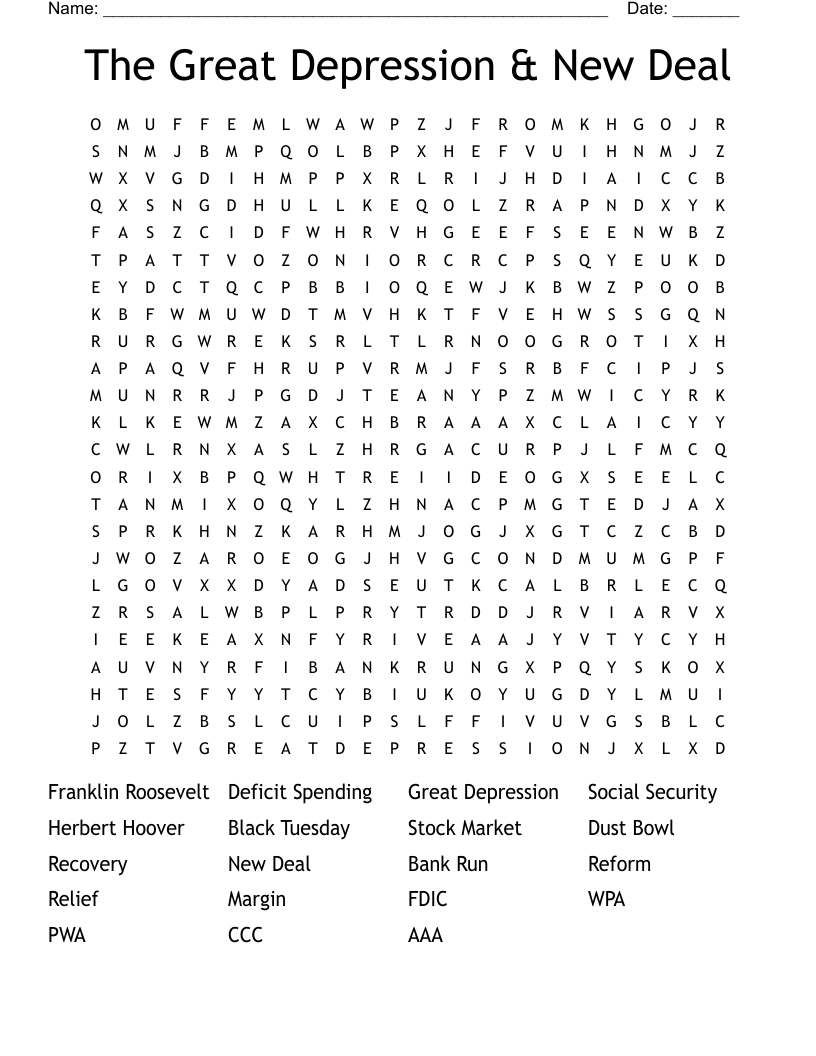The Great Depression & New Deal Word Search