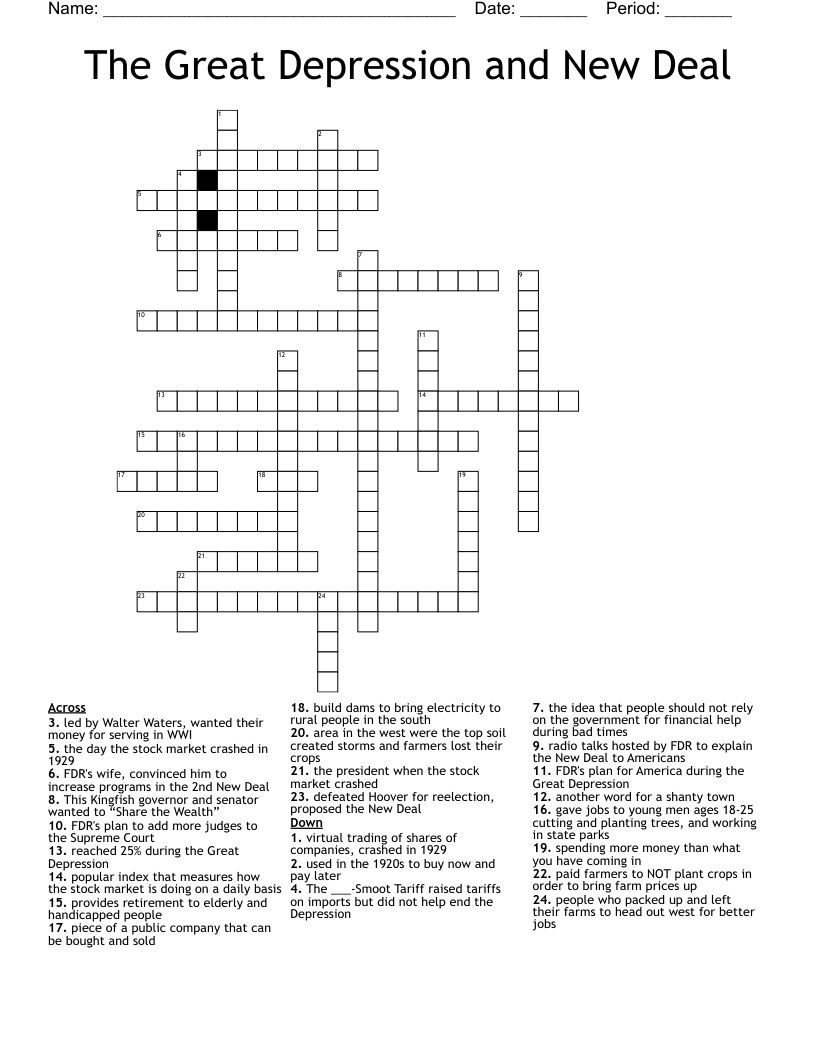 The Great Depression and New Deal Crossword