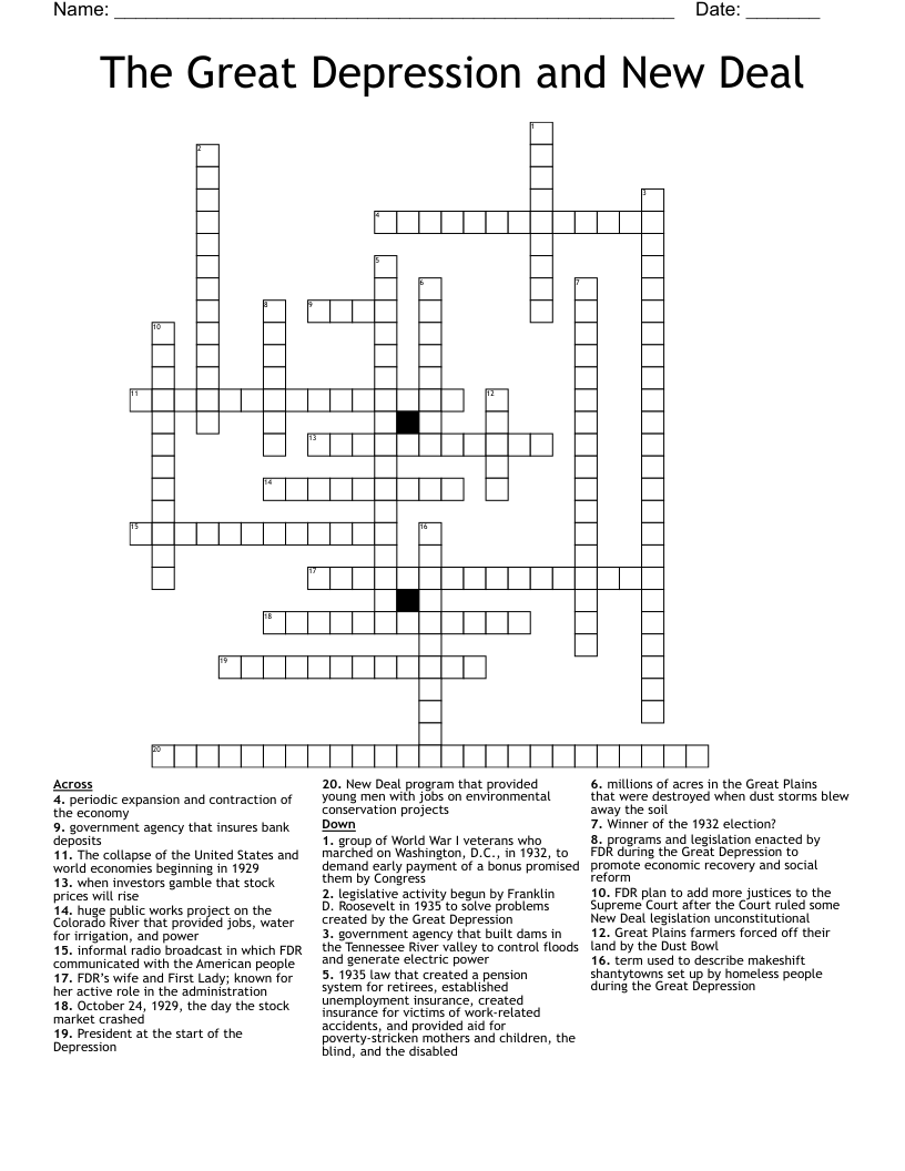 The Great Depression and New Deal  Crossword