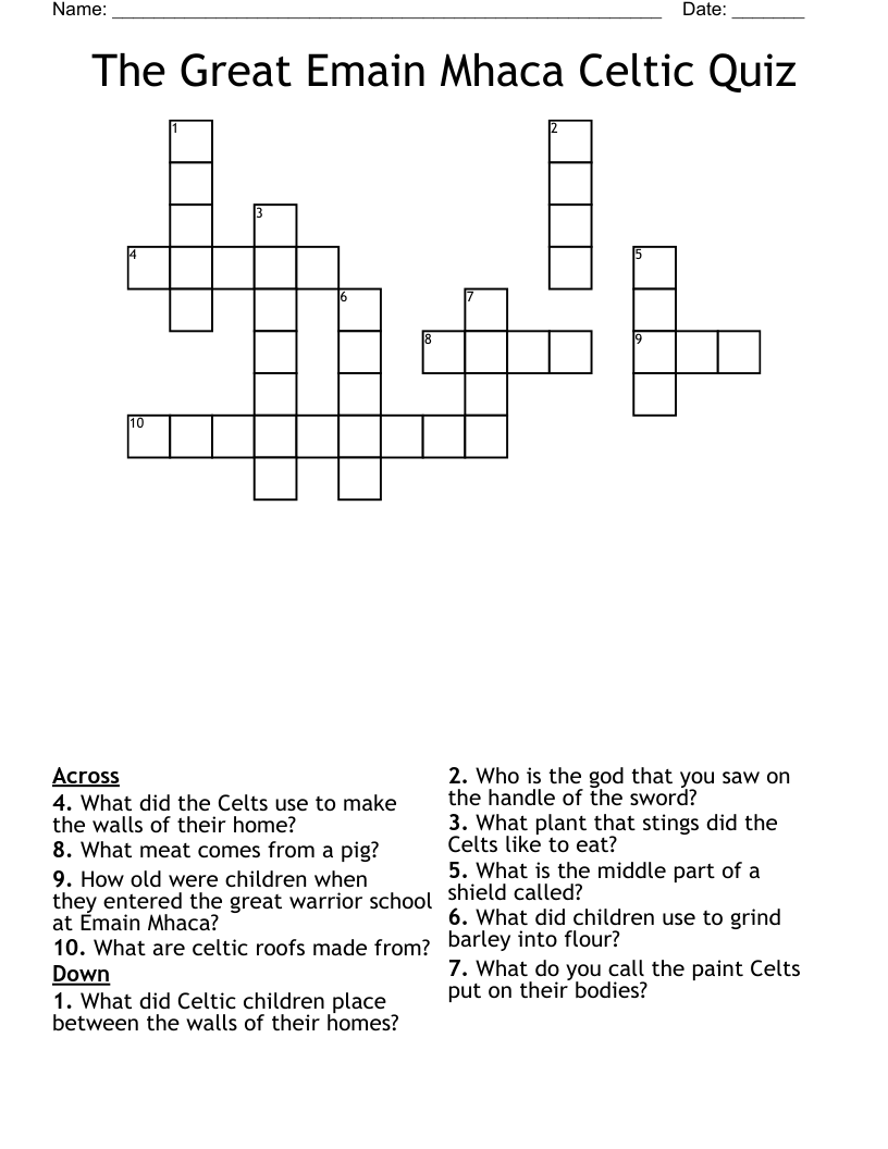 The Great Emain Mhaca Celtic Quiz Crossword