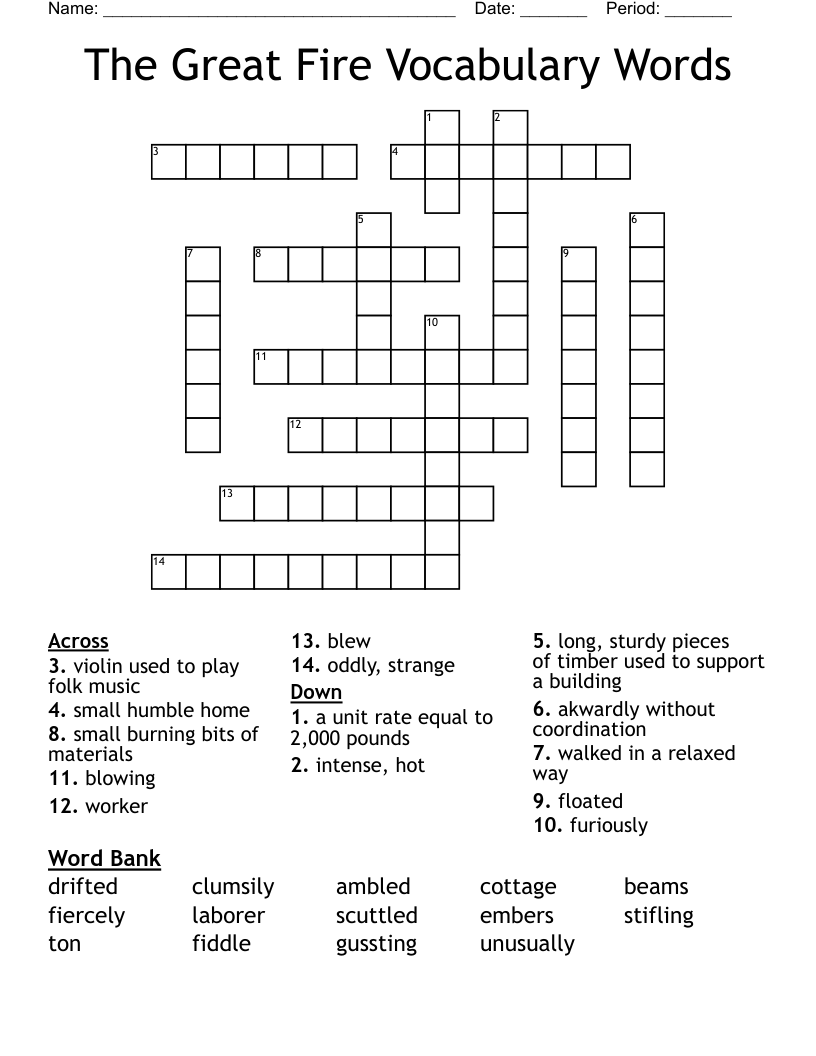The Great Fire Vocabulary Words Crossword