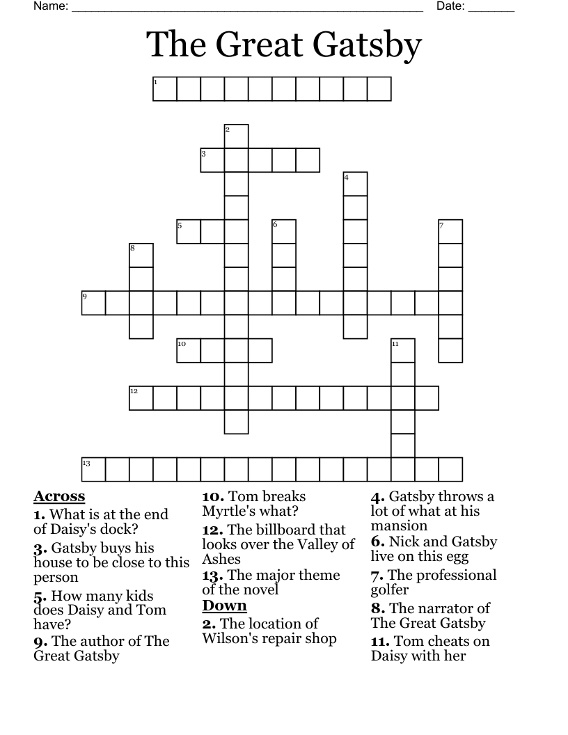 The Great Gatsby Crossword