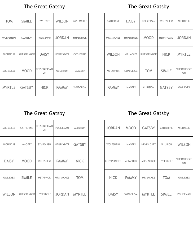 The Great Gatsby Bingo Cards