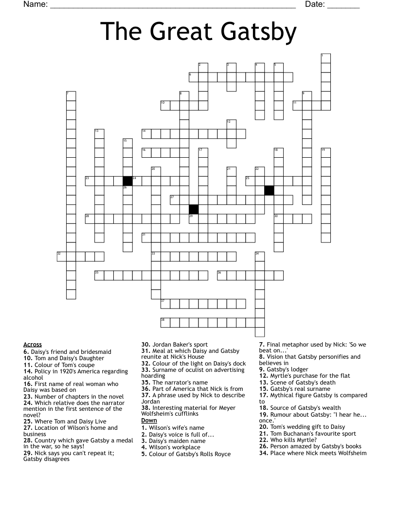 The Great Gatsby Crossword