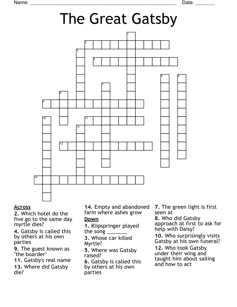 The Great Gatsby Crossword