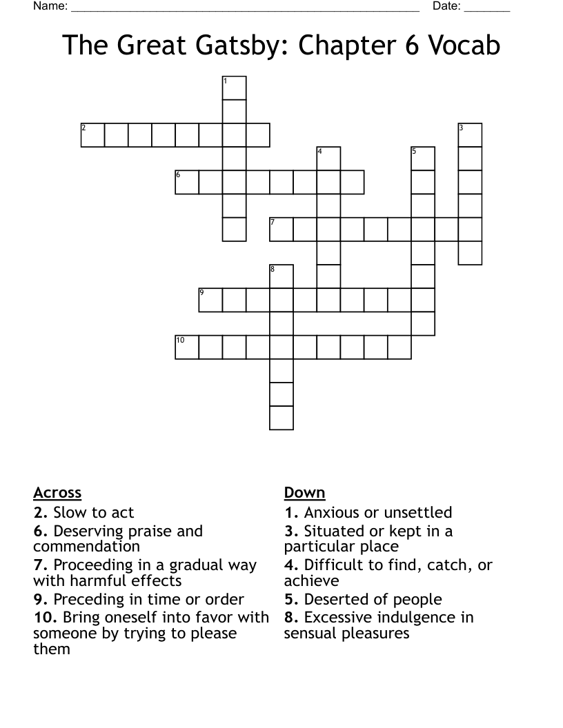 The Great Gatsby: Chapter 6 Vocab  Crossword
