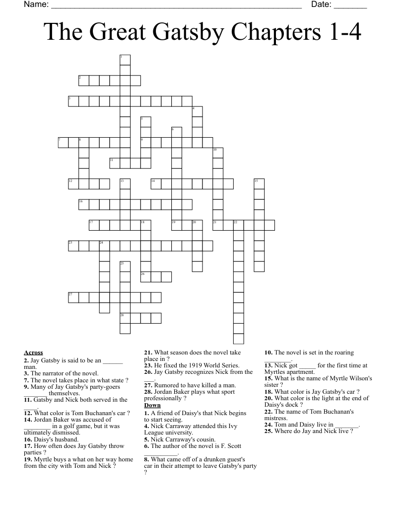 The Great Gatsby Chapters 1-4 Crossword