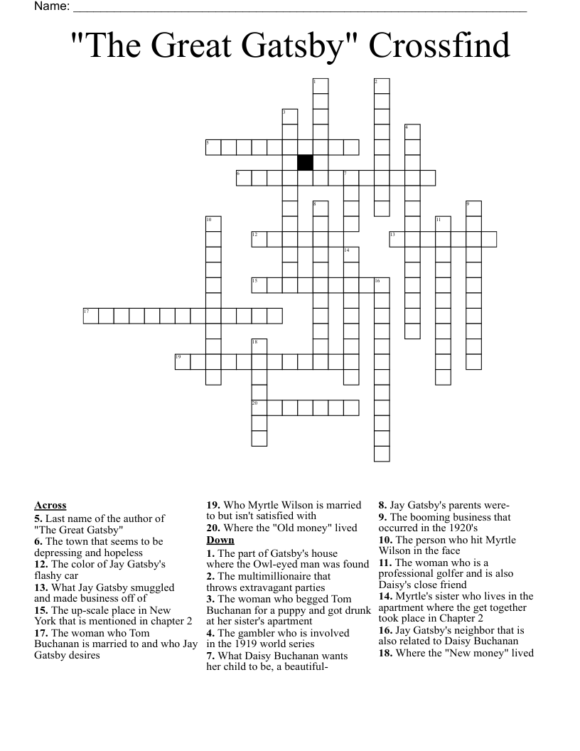 "The Great Gatsby" Crossfind  Crossword