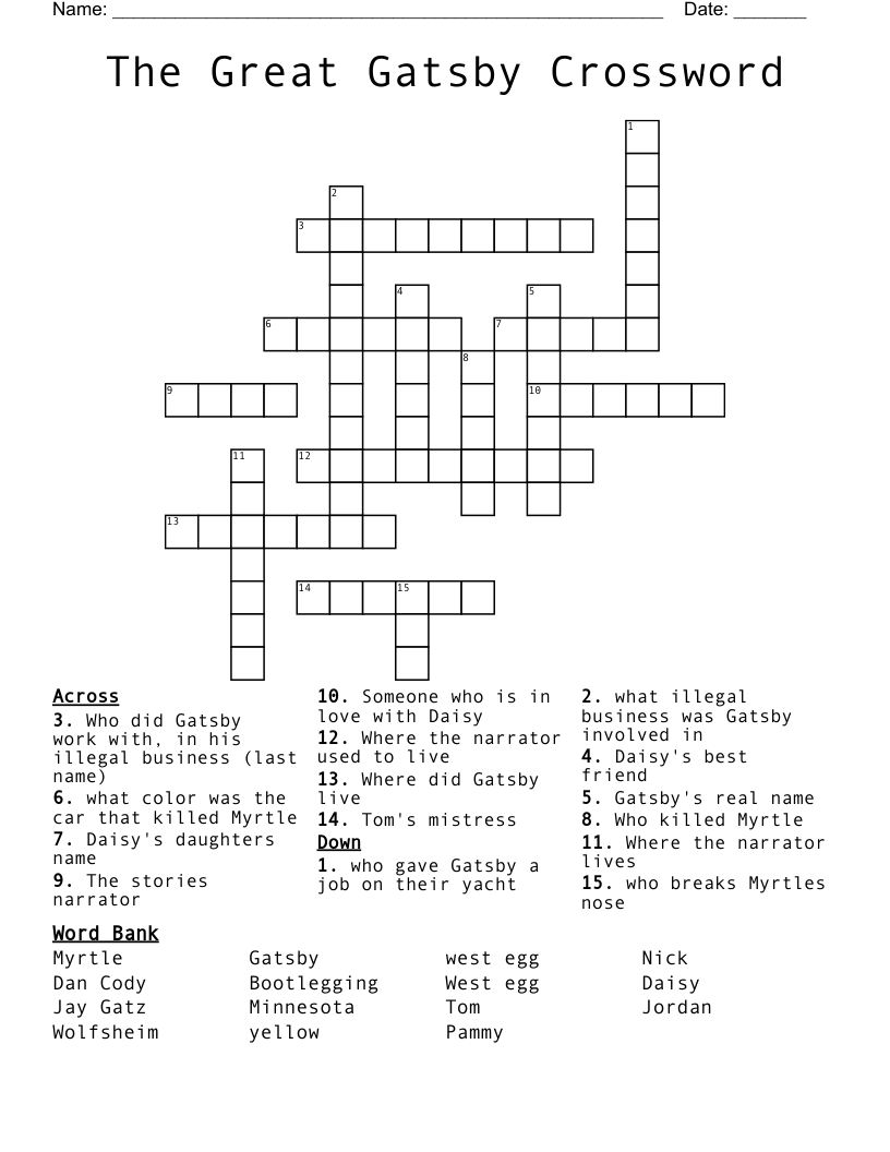 The Great Gatsby Crossword 