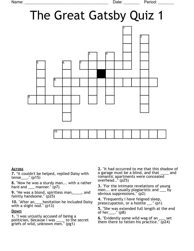 The Great Gatsby Quiz 1 Crossword