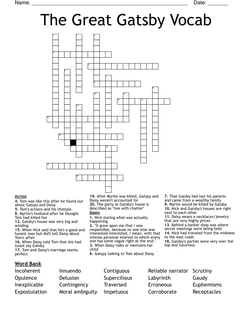 The Great Gatsby Vocab Crossword