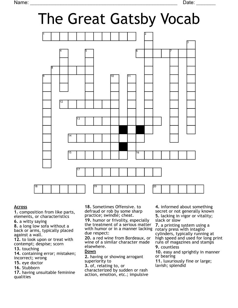 The Great Gatsby Vocab  Crossword