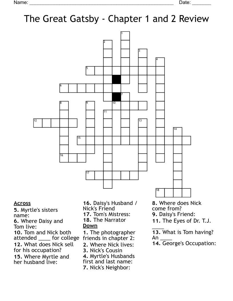 The Great Gatsby - Chapter 1 and 2 Review Crossword