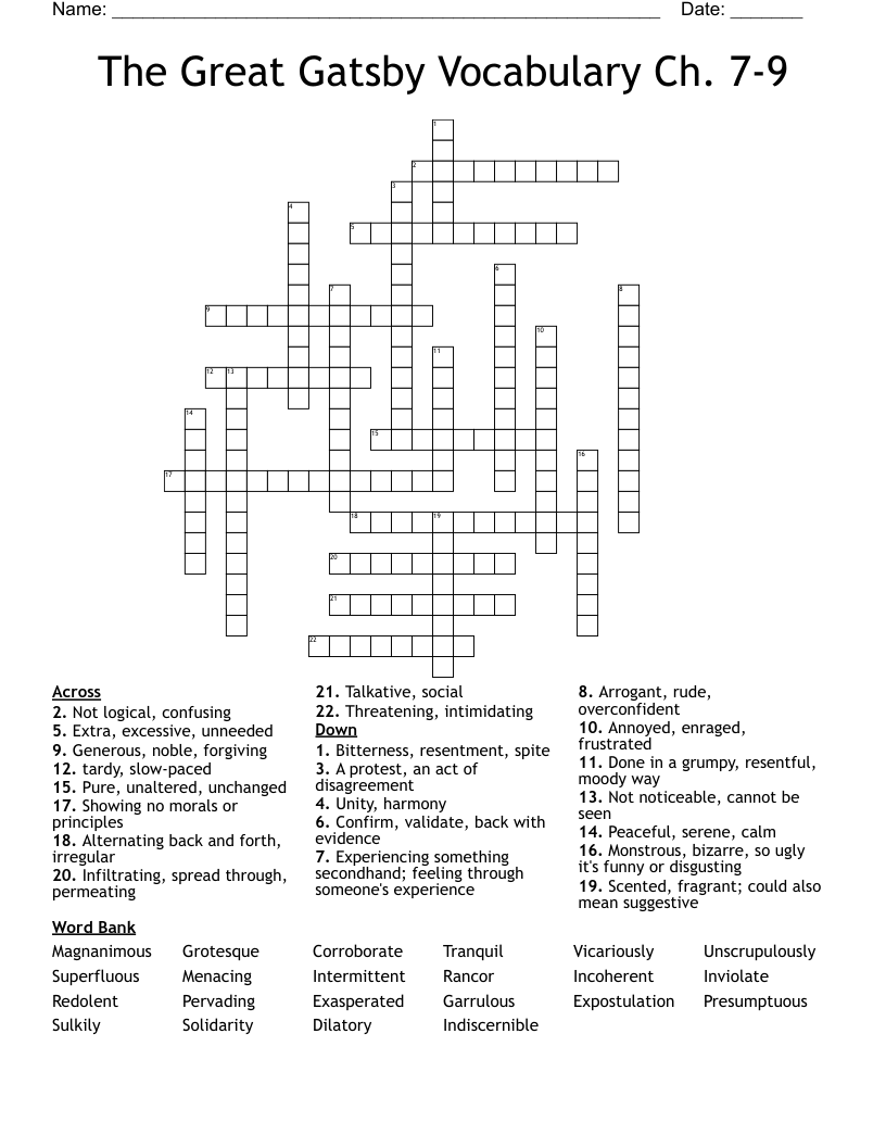 The Great Gatsby  Vocabulary Ch. 7-9 Crossword