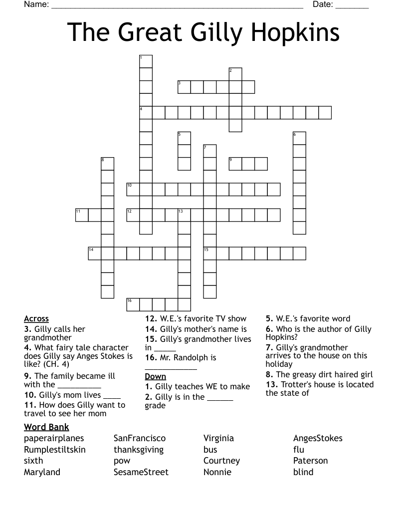 The Great Gilly Hopkins Crossword