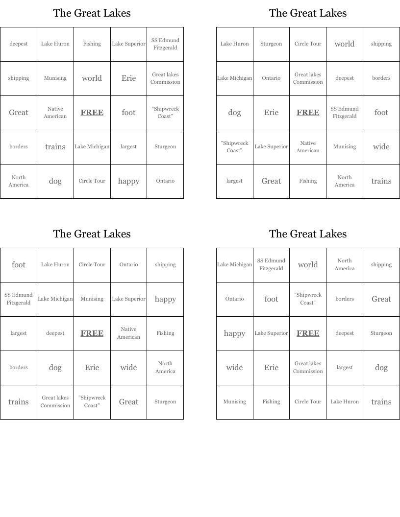 The Great Lakes Bingo Cards