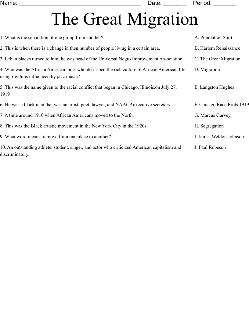 The Great Migration  Worksheet