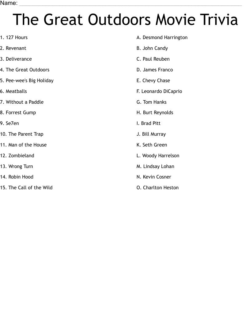 The Great Outdoors Movie Trivia Worksheet