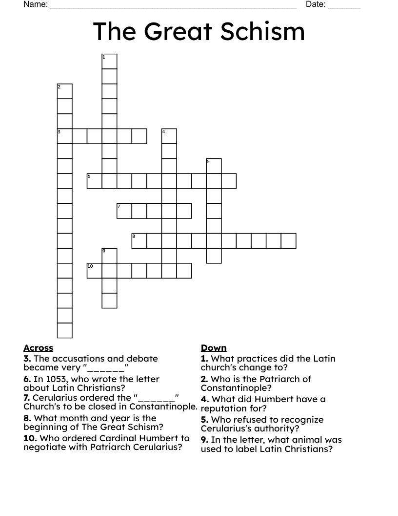 The Great Schism Crossword
