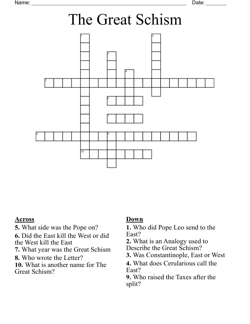 The Great Schism Crossword
