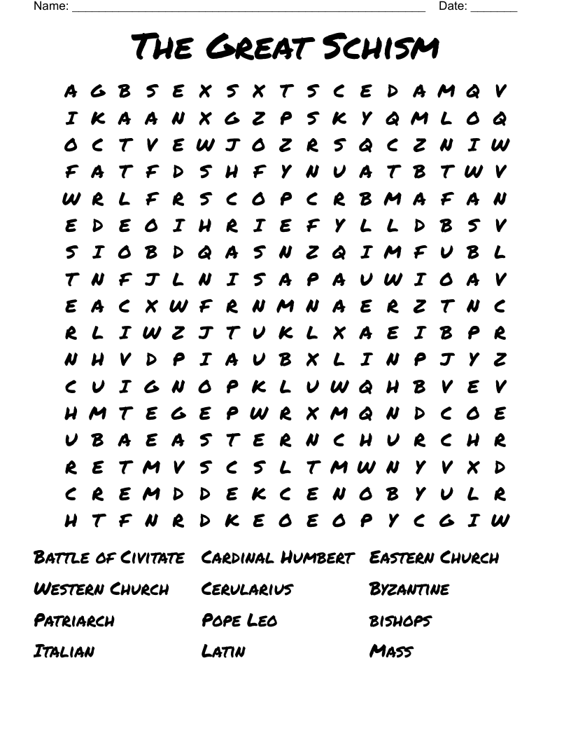 The Great Schism Word Search