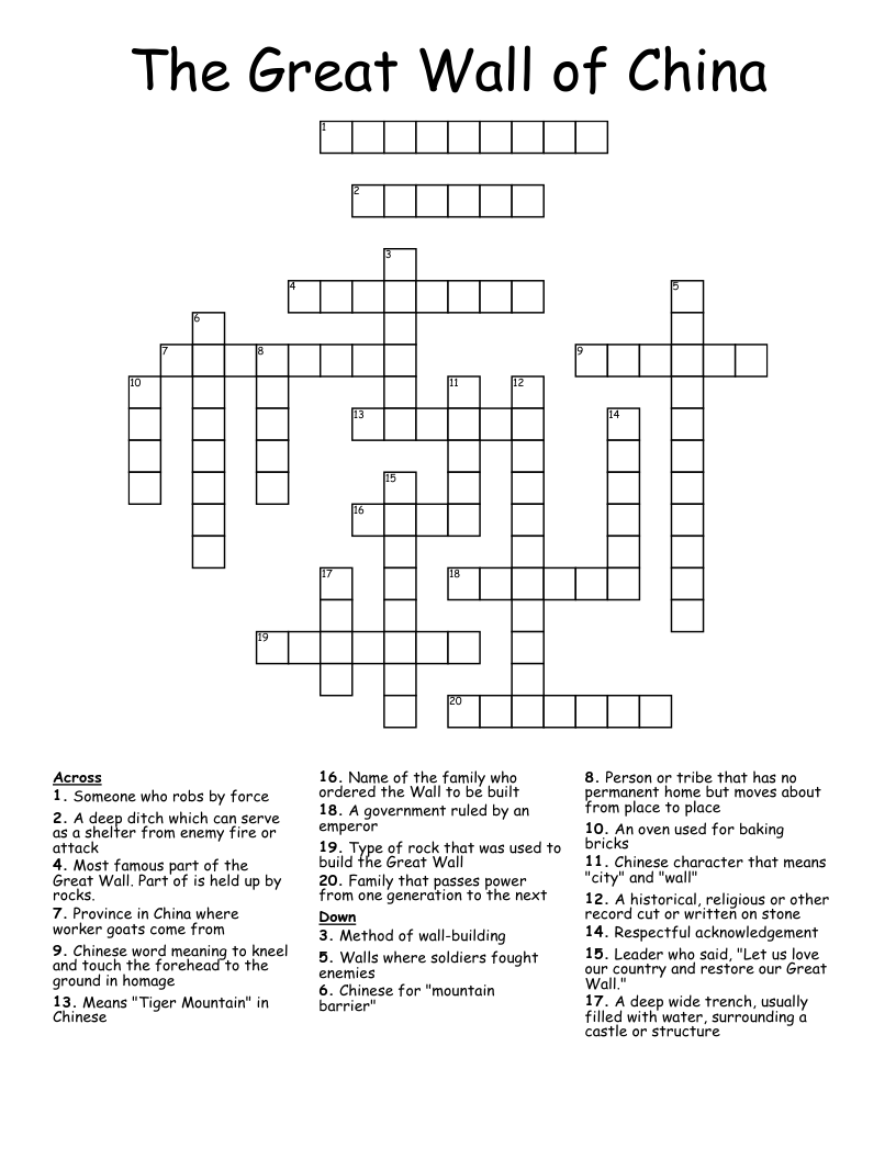 The Great Wall of China Crossword