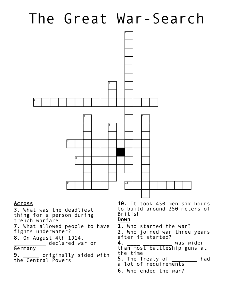The Great War-Search Crossword