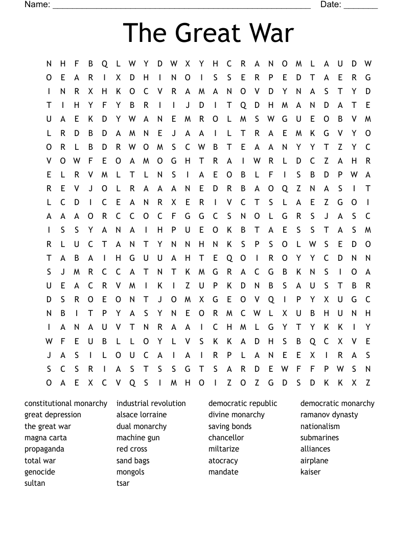 The Great War  Word Search