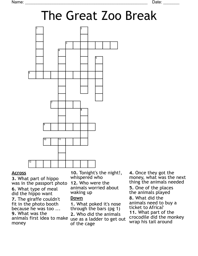 The Great Zoo Break Crossword