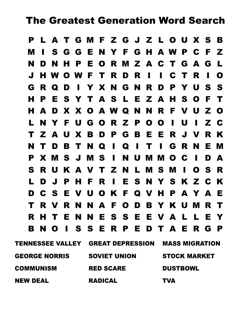 The Greatest Generation Word Search
