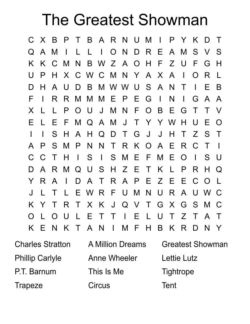 The Greatest Showman Word Search
