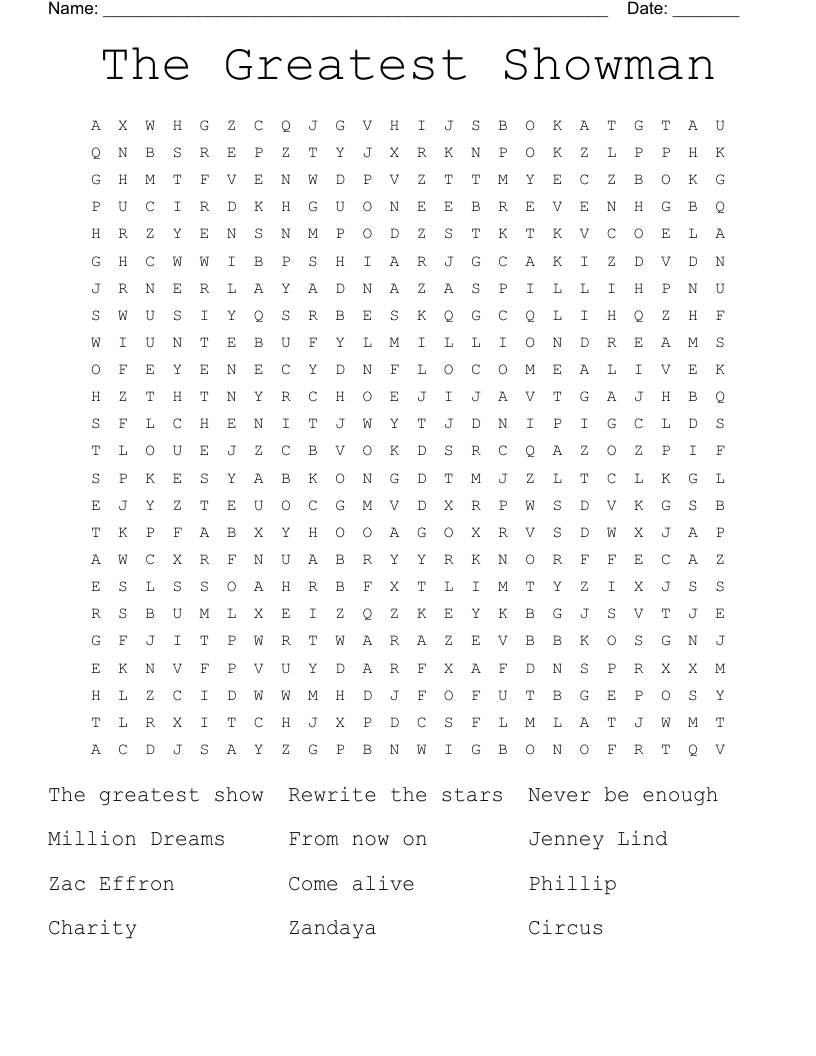 The Greatest Showman Word Search